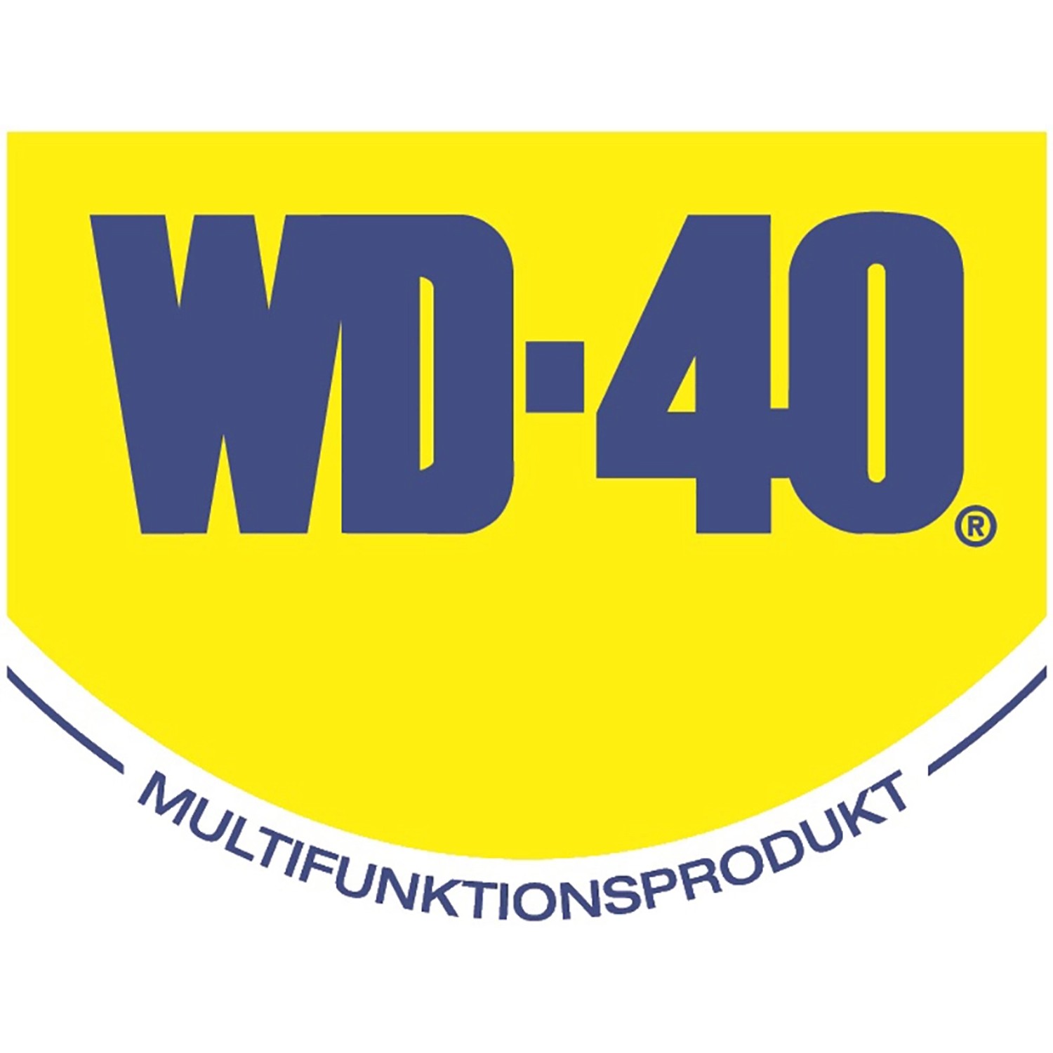 Logo von WD-40 Multifunktionsprodukt, blaue Schrift auf gelbem Grund.