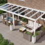 Weiße Terrassenüberdachung Professional mit Glasdach, 600x250 cm, mit Sitzgruppe auf Terrasse.