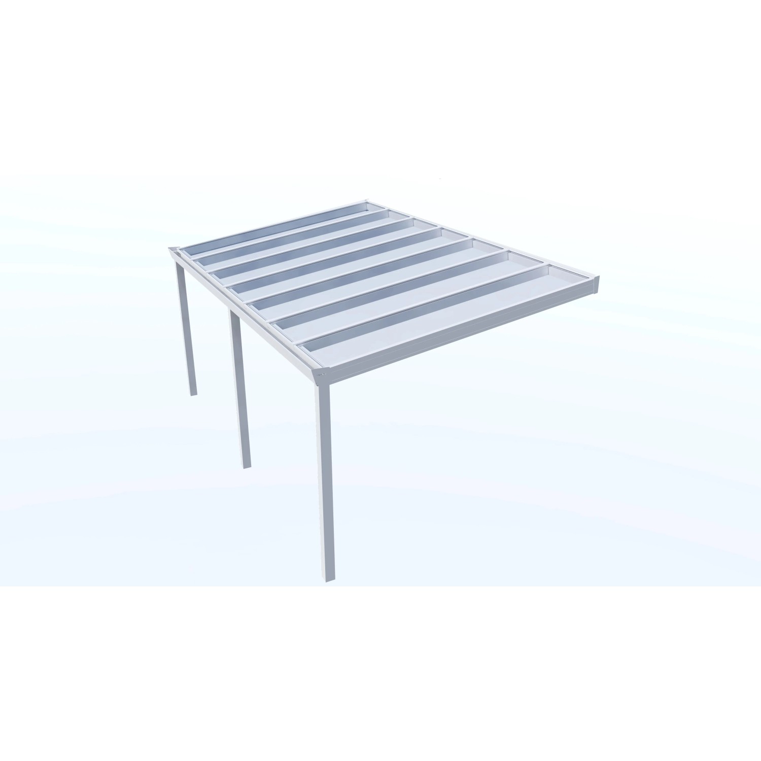 Weiße Terrassenüberdachung Professional 500x300 cm mit Glasdach und schlanken Pfosten.