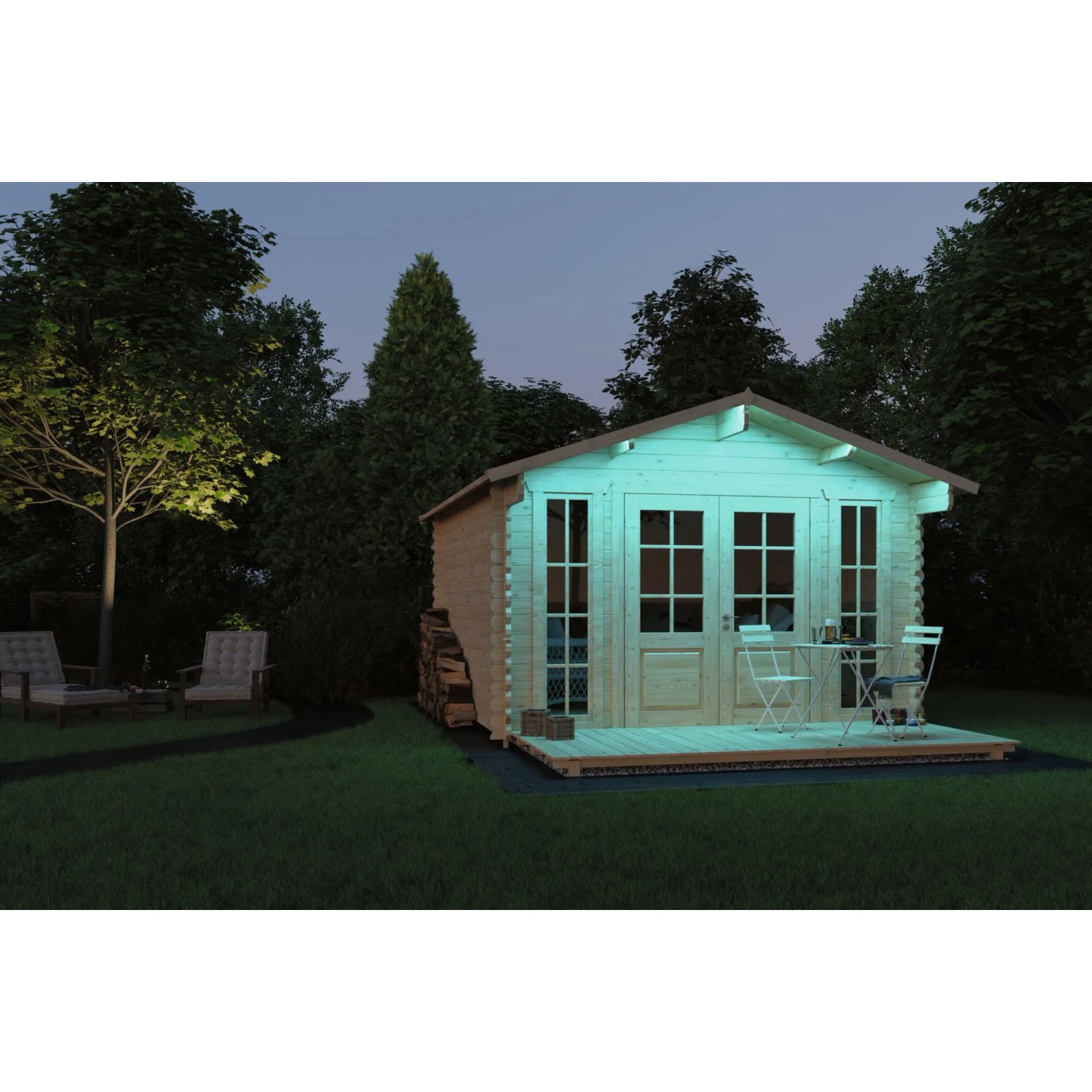 Beleuchtetes Gartenhaus mit Paulmann SimpLED LED Strip Outdoor RGB, 3 m, transparent.