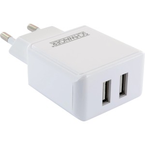 Weißes Schwaiger Ladegerät mit 2 USB-Anschlüssen (2.4A) für Handy-Zubehör.