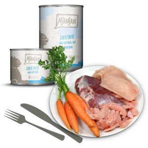 Mjamjam Katzen-Nassfutter Zarte Ente & Geflügel mit Möhrchen, Dosen und frische Zutaten.