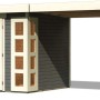Karibu Holz-Gartenhaus Sölve, terragrau, mit Flachdach und Anbau.