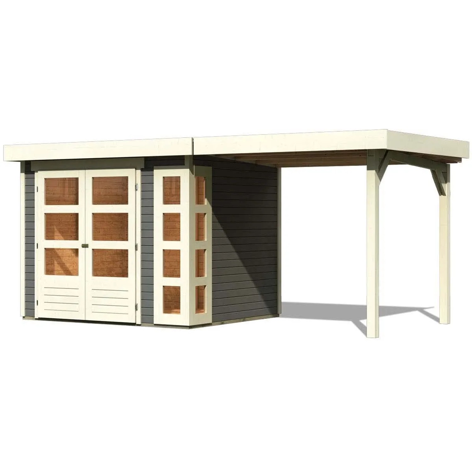 Karibu Holz-Gartenhaus Sölve, terragrau, mit Flachdach und Anbau.