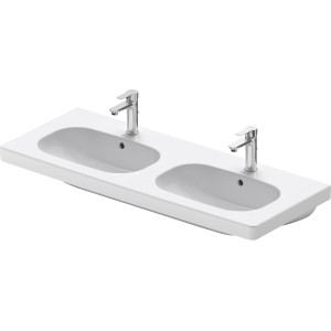 Weißes Duravit D-Code Möbel-Doppelwaschbecken, 120 cm, mit je einem Hahnloch pro Becken.
