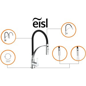 Eisl Spültischarmatur Carneo mit schwarzem Soft-Touch Schlauch und Geschirrbrause.