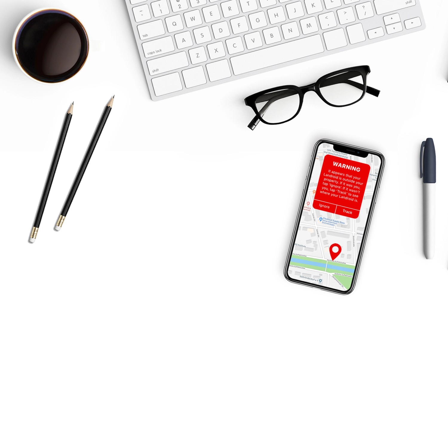 Worx Landroid Diebstahlsicherung: Smartphone-App mit Warnmeldung und Standortanzeige des Mähroboters.