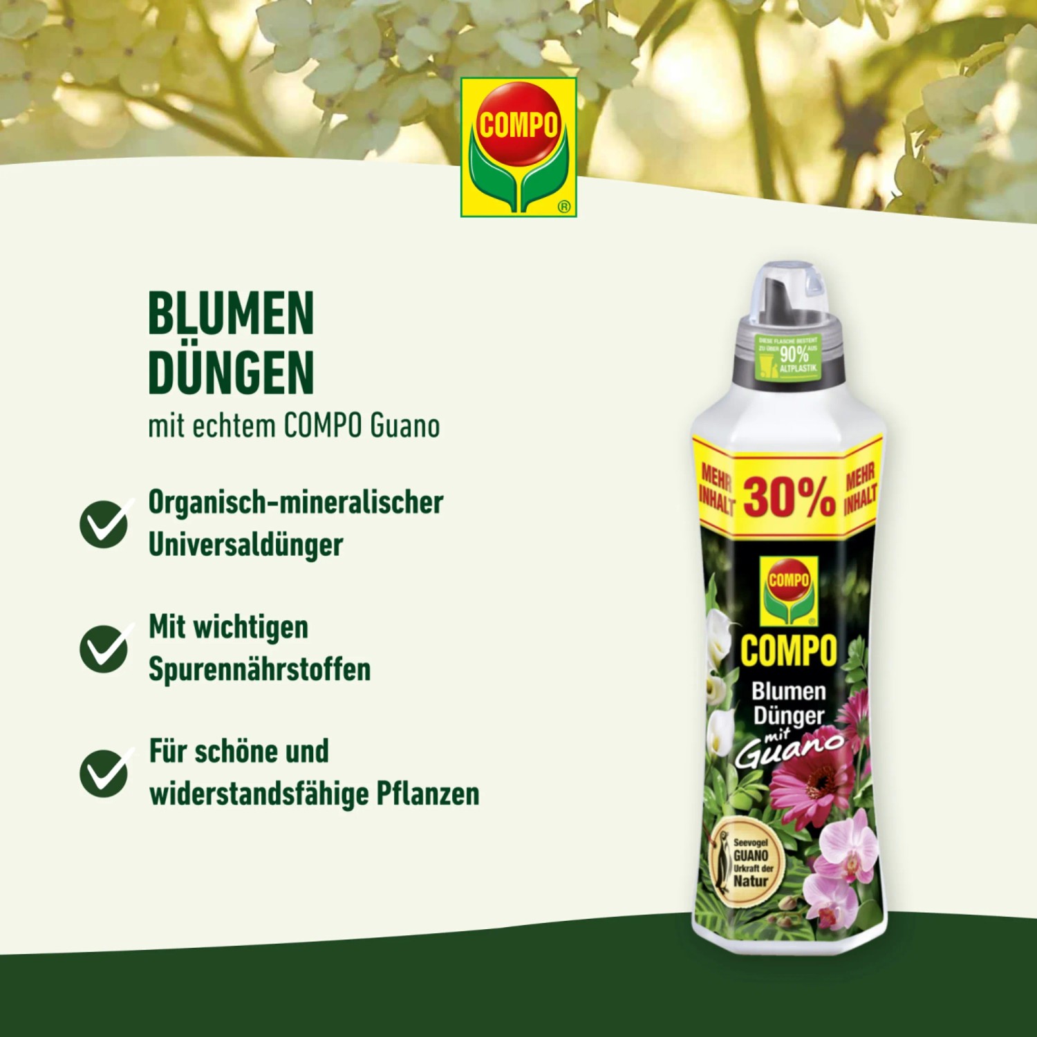 Compo Blumendünger mit Guano, 2,5l Flasche. Universaldünger für prächtige Blumen.