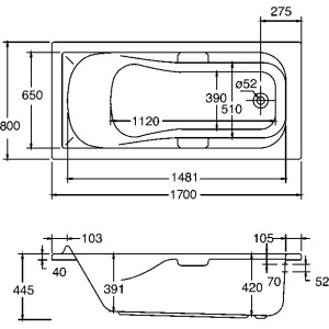 Technische Zeichnung Ottofond Whirlpool Korfu Exklusiv 170x80 cm, Maße und Ansichten.