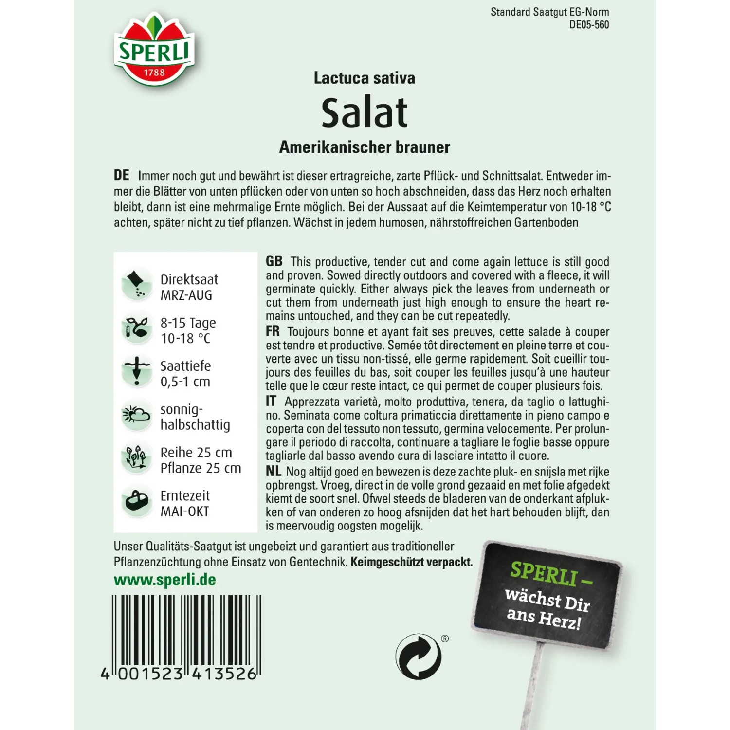 Samenpackung Sperli Pflücksalat Amerikanischer brauner, zarter Pflück- und Schnittsalat.