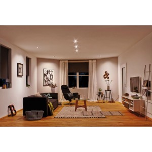 Wohnzimmer mit Paulmann LED-Einbaustrahler Base Coin (3er) in Eisen, schwenkbar und warmweiß.