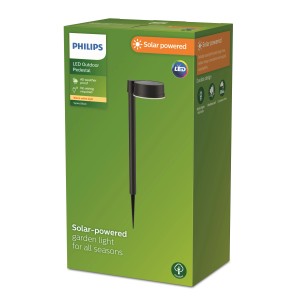 Verpackung der Philips Solar-Sockelleuchte Spiess Vynce, runde Solar-Wegeleuchte mit Erdspieß.