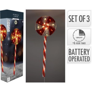 3-teiliges Weihnachtsdeko-Set: Bodenlampen im Lollipop-Design, rot-weiß, mit warmweißen LEDs und Timer.