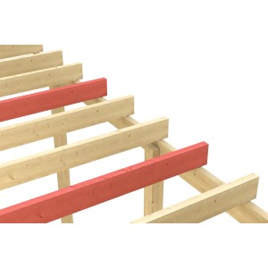 Skan Holz Schneelasterhöhung für Carport Eiche hell, zusätzliche Sparren rot markiert.