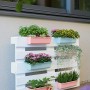 Geli Pflanzgefäße Zartblau an Europalette mit Bepflanzung: Kräuter, Blumen, Erdbeeren.