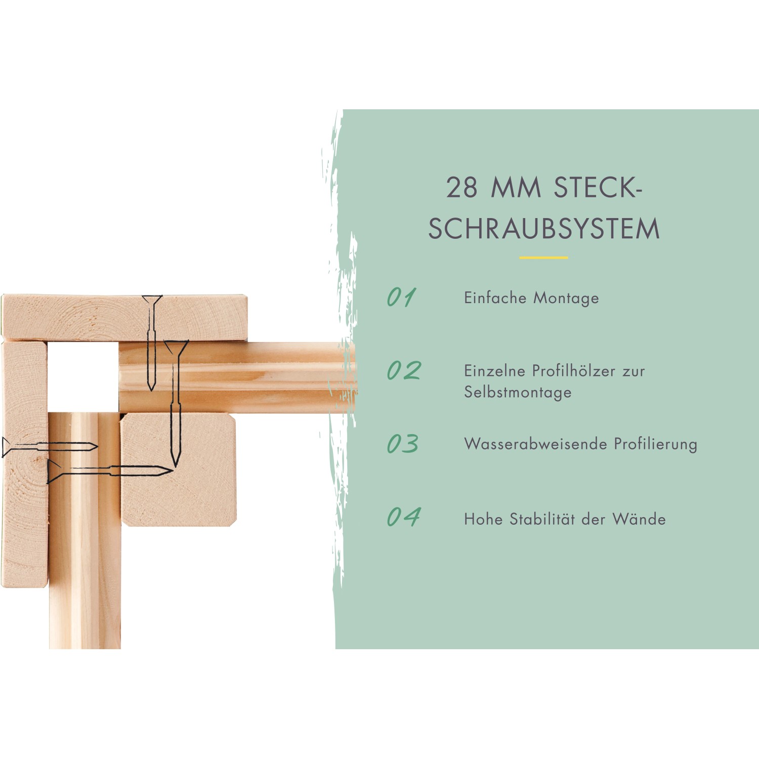 Detailaufnahme Steck-Schraubsystem (28mm) für Karibu Holz-Gartenhaus, einfache Montage.