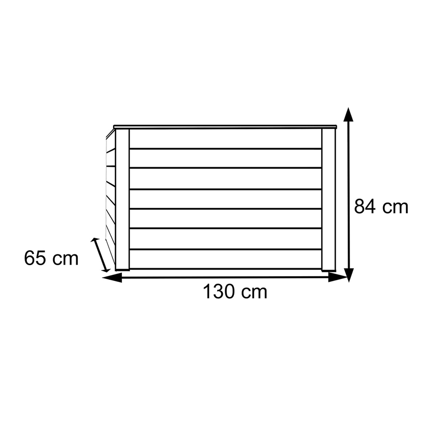 Skizze eines naturbelassenen Westmann Hochbeets aus Lärchenholz, 130x65x84 cm.