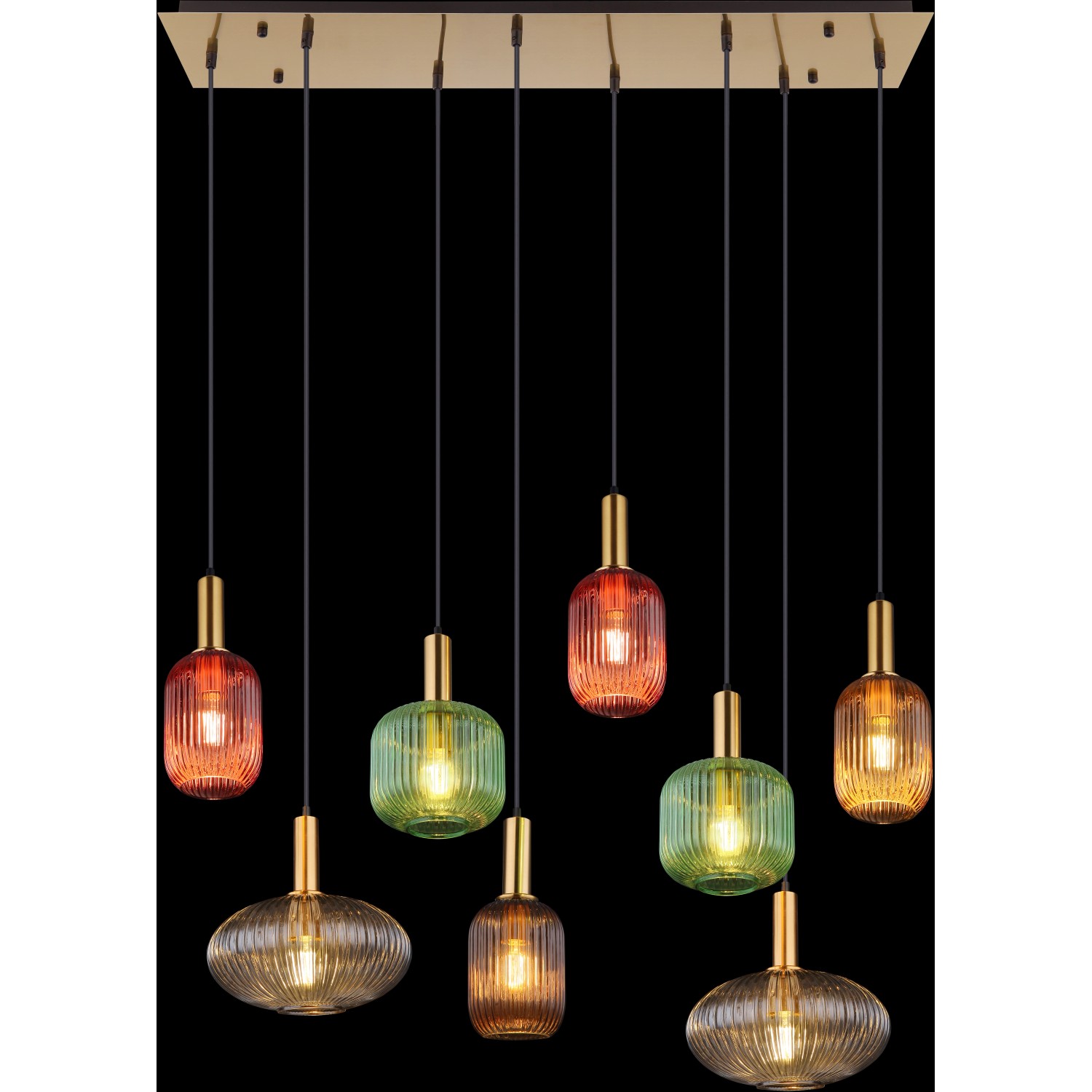 Moderne Globo Pendelleuchte Normy, 8-flammig mit bunten Glasschirmen und messingfarbener Halterung.