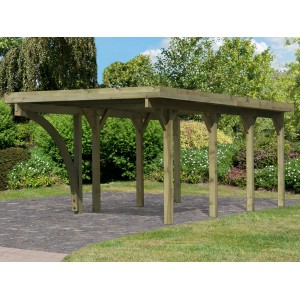 Karibu Einzelcarport Classic aus Holz, kesseldruckimprägniert, 274x588 cm im Garten.
