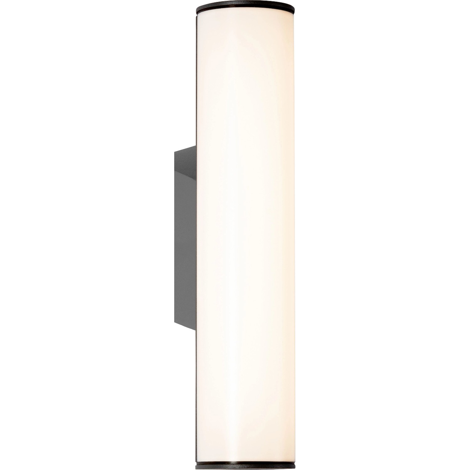 Moderne, dunkelgraue LED-Außenwandleuchte Luino von OBI LIGHTING mit zylindrischem Design.