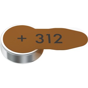 Varta 312 Hörgerätebatterie, Knopfzelle mit braunem Aufkleber und der Aufschrift +312.