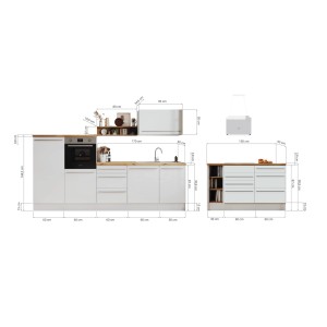 Respekta Inselküche Gabriel, 290 cm, Grau Hochglanz, mit E-Geräten und Spüle. Detailansicht mit Maßangaben.