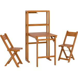 3-teiliges Balkonmöbel-Set Marmora aus geölter Akazie mit klappbarem Regal-Tisch und zwei Stühlen.