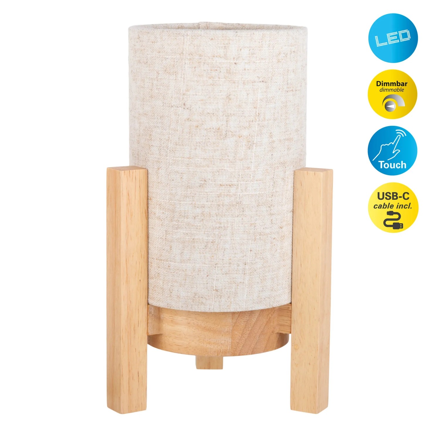 Näve LED-Tischleuchte Madita mit Leinen-Schirm und Holzfuß, dimmbar per Touch.