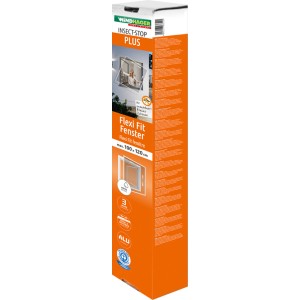 Verpackung des Windhager Flexi Fit Fensterrahmens aus Aluminium in Anthrazit, 130x150 cm.