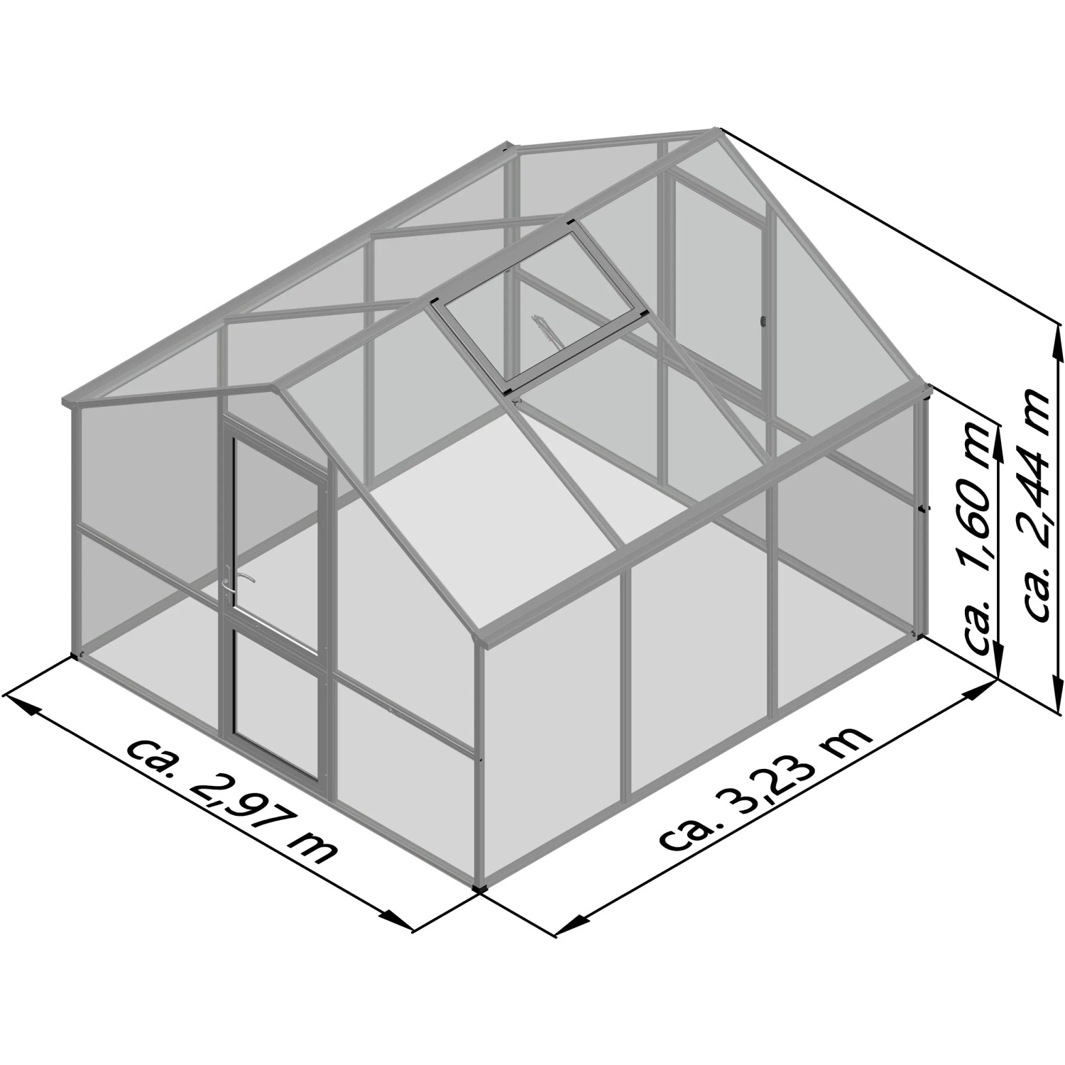 KGT Gewächshaus Nelke III, anthrazit-grau, 2,97 x 3,23 m mit Dachfenster und Drehtür.