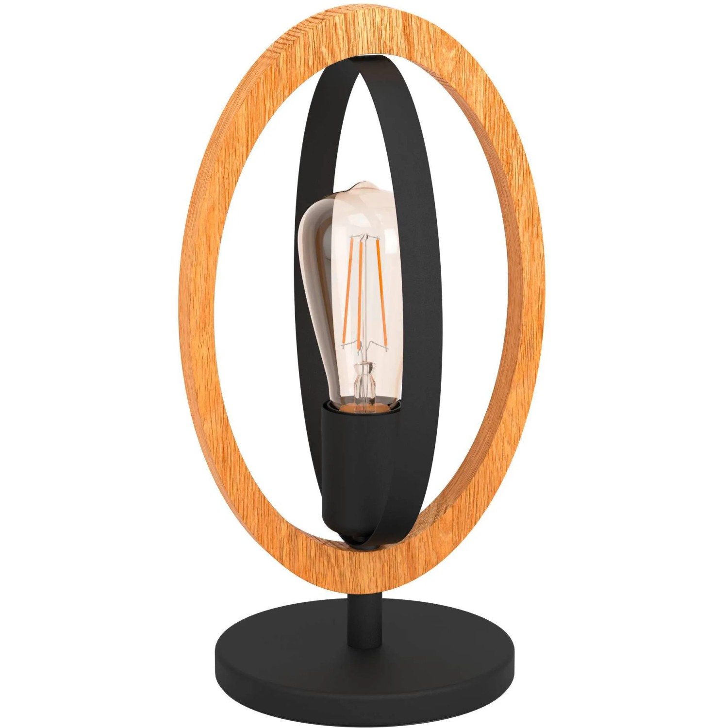Moderne Eglo Tischleuchte Basildon mit Holz- und Metallelementen in Schwarz und Braun.