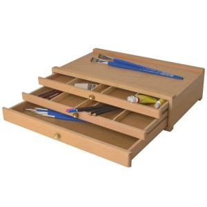 Artina Troyes Malkoffer aus Holz mit drei Schubladen und Malutensilien.