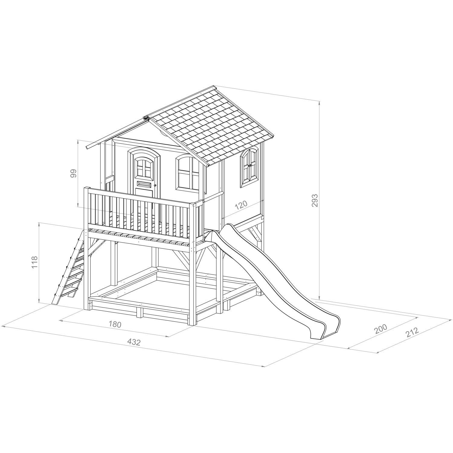 Axi Marc Spielhaus mit Rutsche, Leiter und Sandkasten, Maße: 212 x 432 x 293 cm.