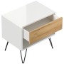 Posseik Nachttisch-Set Industrial B, 2-teilig, weiß/Eiche, mit offener Schublade und schwarzen Metallfüßen.