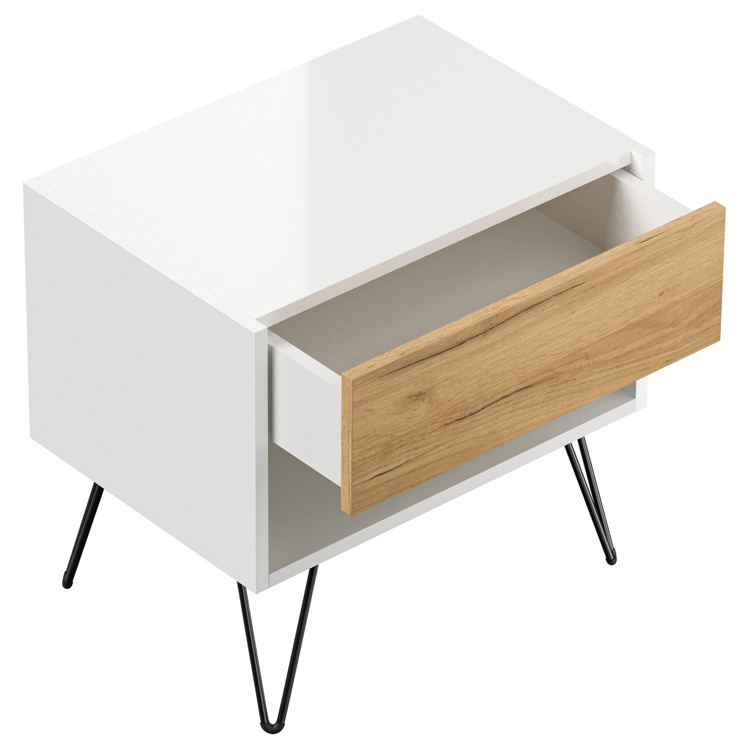 Posseik Nachttisch-Set Industrial B, 2-teilig, weiß/Eiche, mit offener Schublade und schwarzen Metallfüßen.