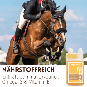 Braunes Springpferd mit Reiter; gelbe Supravit Reiskeimöl Liquid Flasche, Ergänzungsfuttermittel für Pferde.
