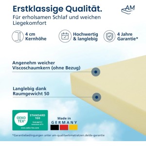 Viscoschaum Topper 100x200 cm ohne Bezug, Matratzen Topper Kern aus Deutschland.