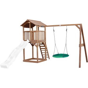Axi Beach Tower Spielturm mit Nestschaukel, Rutsche in Braun/Weiß. Spielanlage aus Holz mit Leiter und Schaukel.