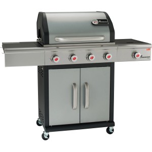 Landmann Gasgrill Triton PTS 4.1, silberner Grillwagen mit 4 Brennern und Seitenbrenner.