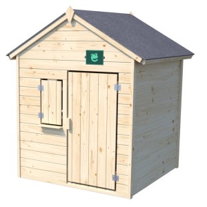 Soulet Kinderspielhaus Janaka aus naturbelassenem Holz mit Tür und Fenster.