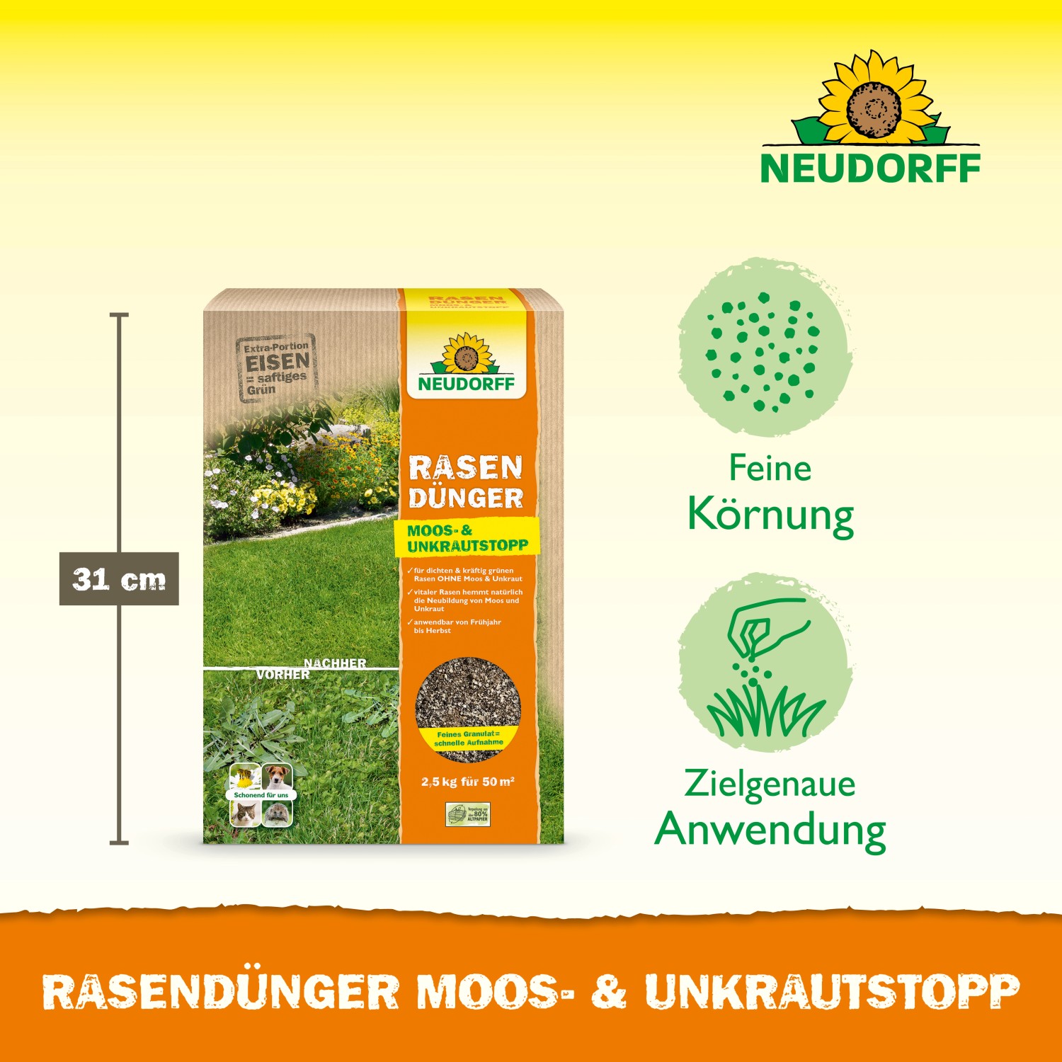 Neudorff Rasen-Dünger Spezial 5Plus1, 2,5 kg Packung für dichten, grünen Rasen ohne Moos und Unkraut.