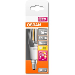 Osram LED-Leuchtmittel E14 Kerze, 4W, extra warmweiß, 470lm, 11,5cm hoch. Dimmbar.