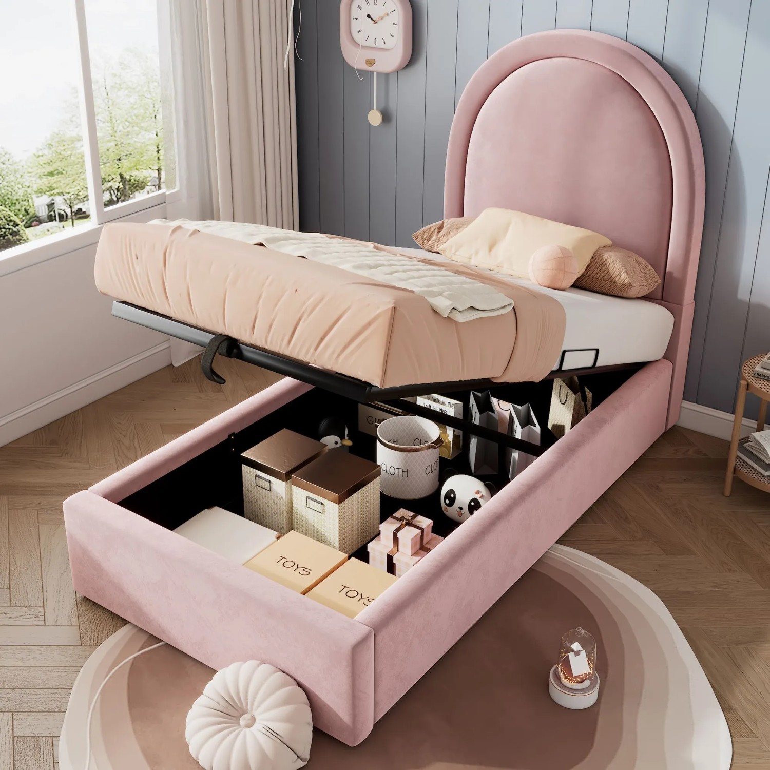 okwish Polsterbett 90x200cm mit Samt Kinderzimmer Rosa mit Matratze_6