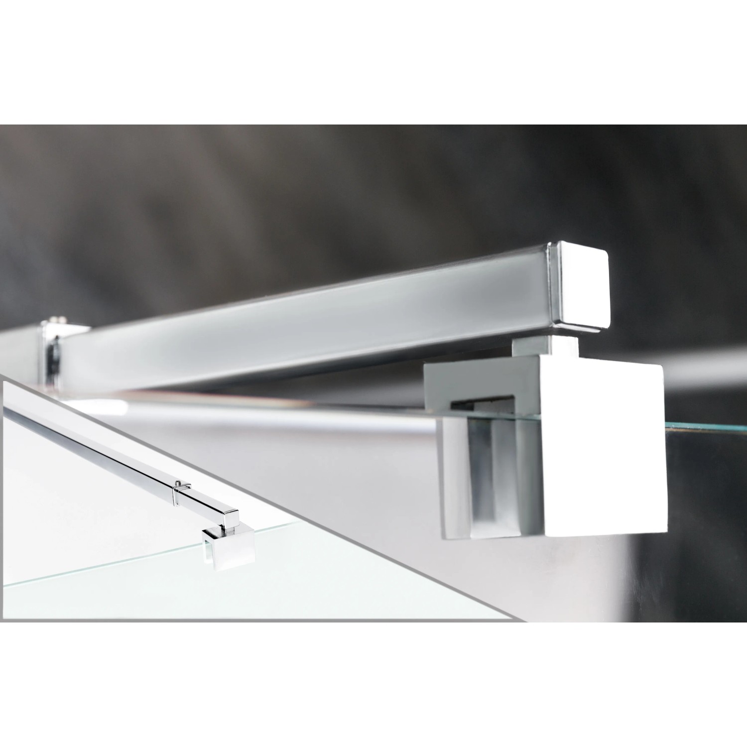 Detailaufnahme: Sanotechnik Duschwand Grande mit Drehtür, Klarglas und Chrom-Halterung.