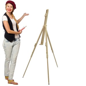 Artina Malaga Staffelei aus Kiefernholz mit Künstlerin, geeignet für Leinwände bis 100cm.