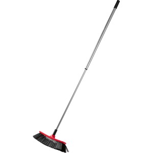 Haushalts-Starterset: Besen mit rotem Kopf, schwarzen Borsten und teleskopierbarem Stiel.