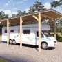 Holzbrüder Camping-Carport Ralf Natur mit dunkelgrauem Blechdach und Wohnmobil.