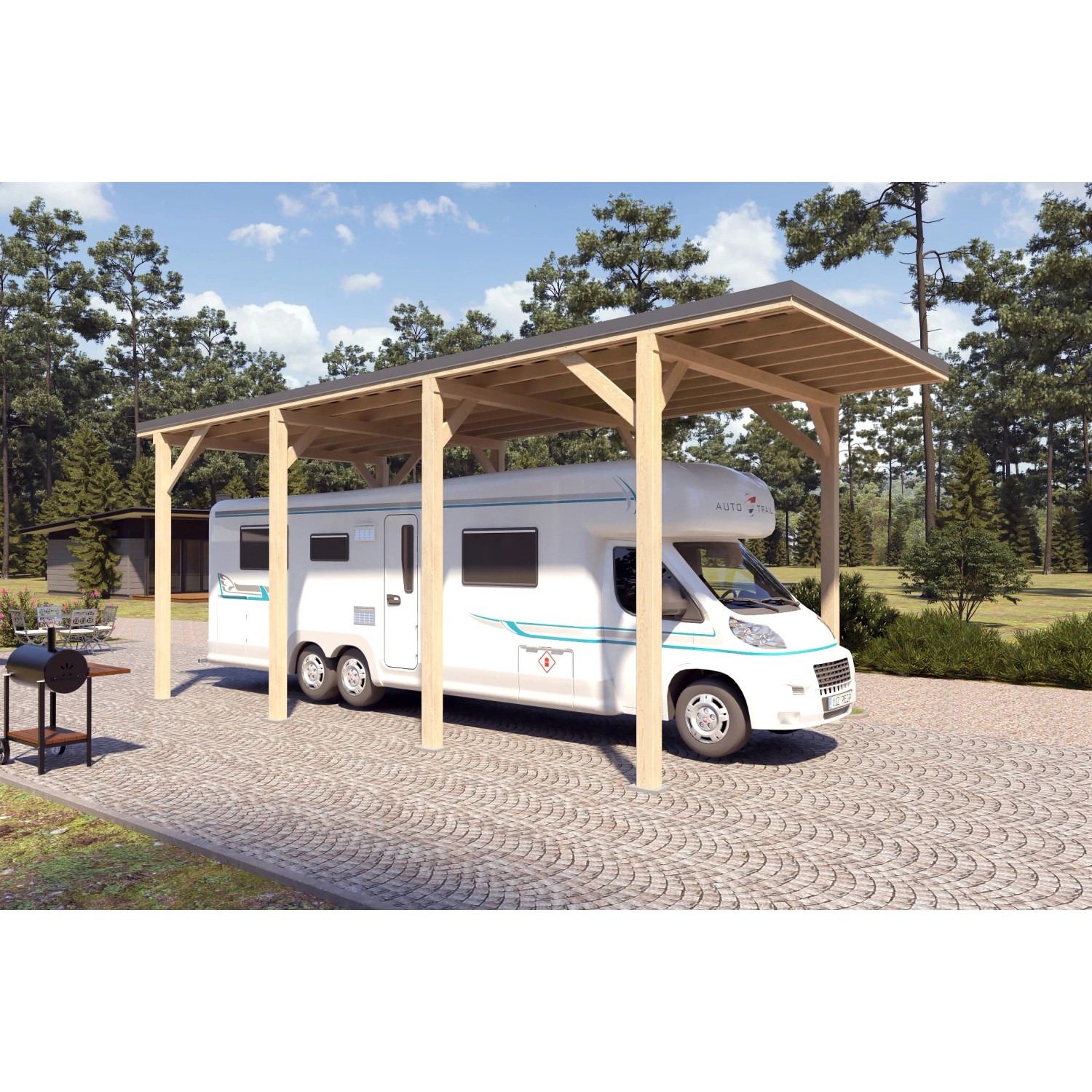 Holzbrüder Camping-Carport Ralf Natur mit dunkelgrauem Blechdach und Wohnmobil.