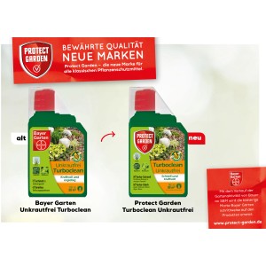 Protect Garden Turboclean Unkrautfrei, Vergleich alte vs. neue Marke, 500ml Flasche für Unkrautbekämpfung im Beet.