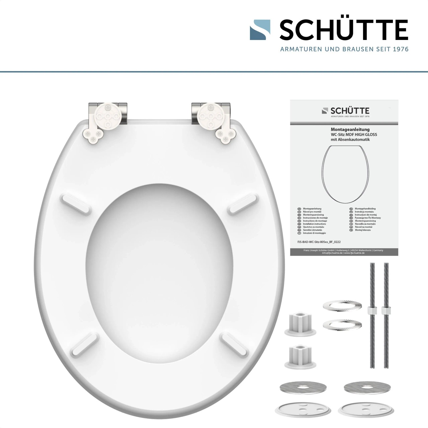 Schütte WC-Sitz Diamond mit Absenkautomatik, Holzkern, Standardgröße, inklusive Montagezubehör.